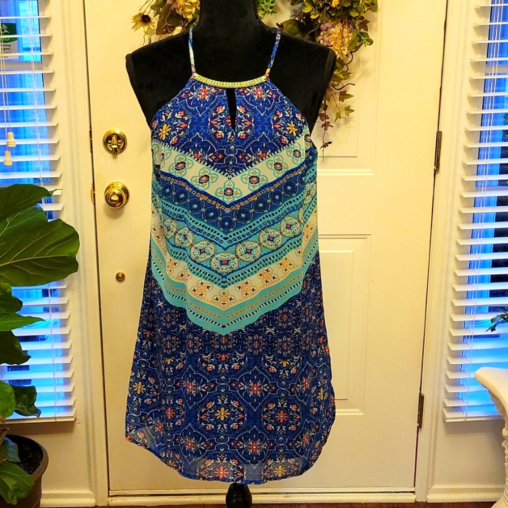 Charlotte Russe blue aqua white gepmetric floral print fully lined dress…M EUC